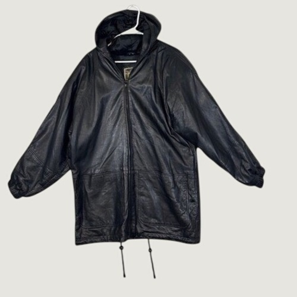 Izzi Black Leather Hooded Parka Jacket Mens Small Full Zip Quilted Lined